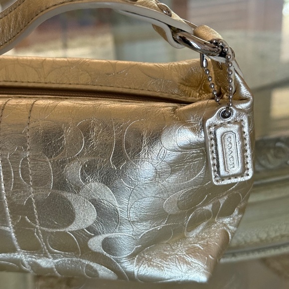 COACH Mini Top Handle Shoulder Bag Metallic Gold Embossed Signature C Leather - Picture 4 of 11